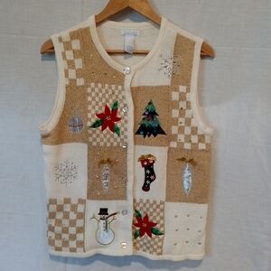 Vintage Traditions Christmas Sweater Vest Size Large Ivory/Tan